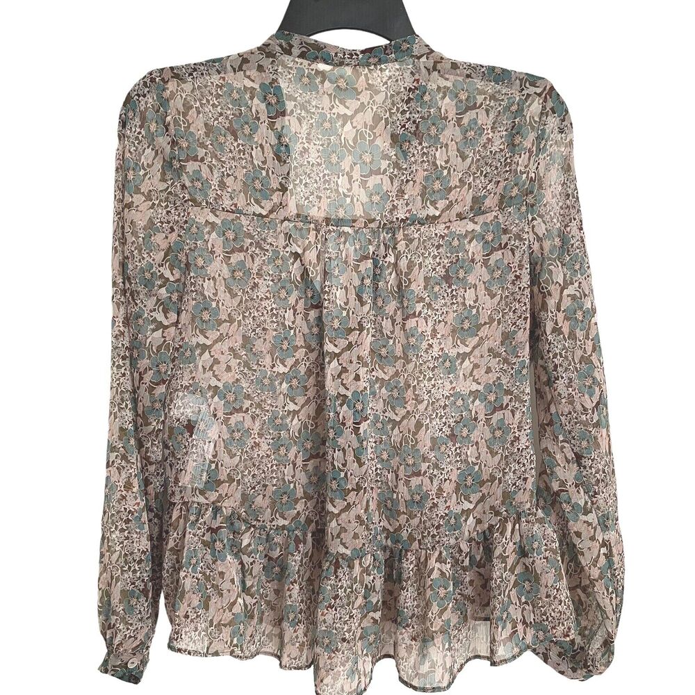 ZARA Denim Sz M Beige Teal Floral Semi-Sheer Peasant Blouse Top Lace Up Ruffle - Picture 9 of 9